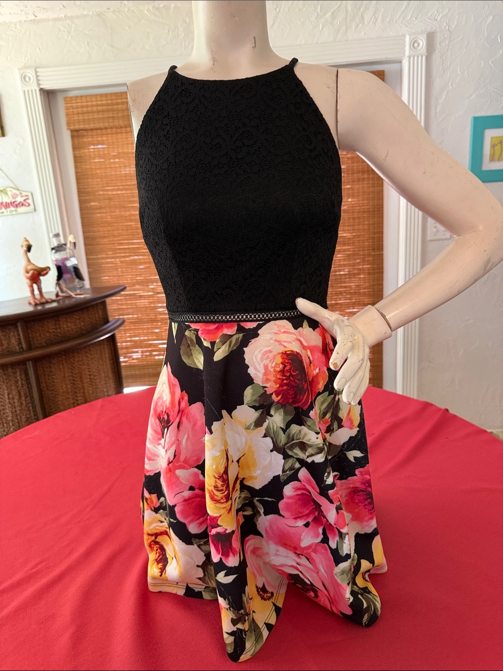 Black Lace Halter Top Floral Skater Dress